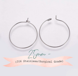 25mm, 316 Stainless Steel Hoop / Surgical Grade Hoops Earrings Findings, Wine Glass Charms Findings in Stainless Steel Colour