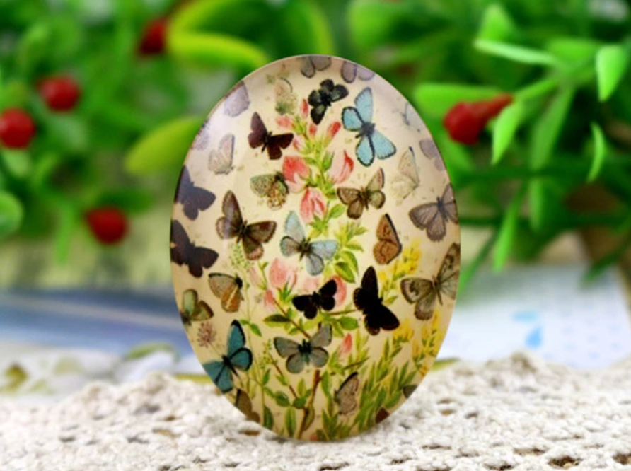 1pc, 30x40mm, Big Handmade Butterfly Photo Glass Cabochons, Oval