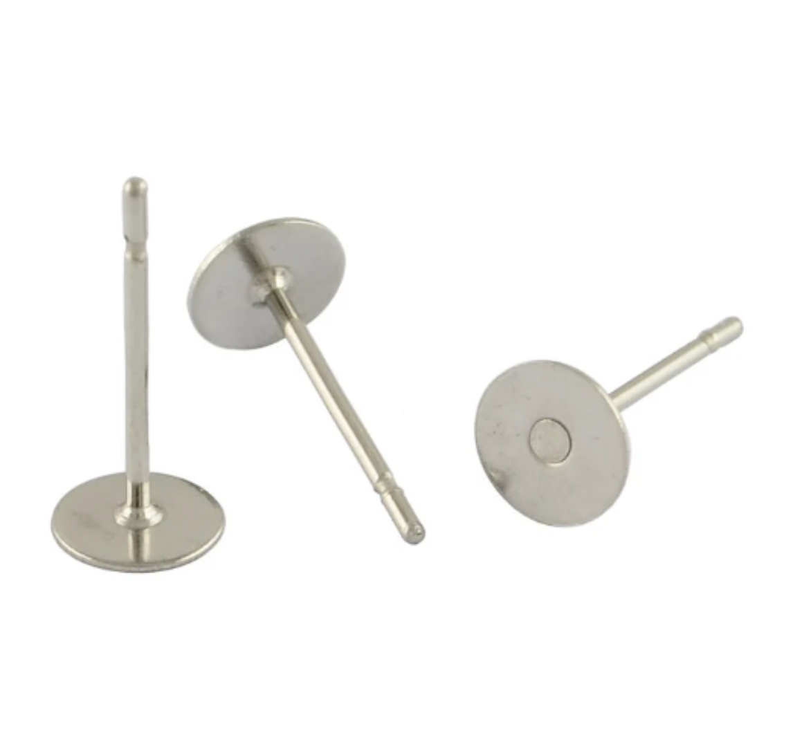 50pcs (25pairs), 3/4/5/6/8/10/12mm, 304 Stainless Steel Flat Round Blank Peg Ear Stud Components with ear backs, in Stainless Steel Colour