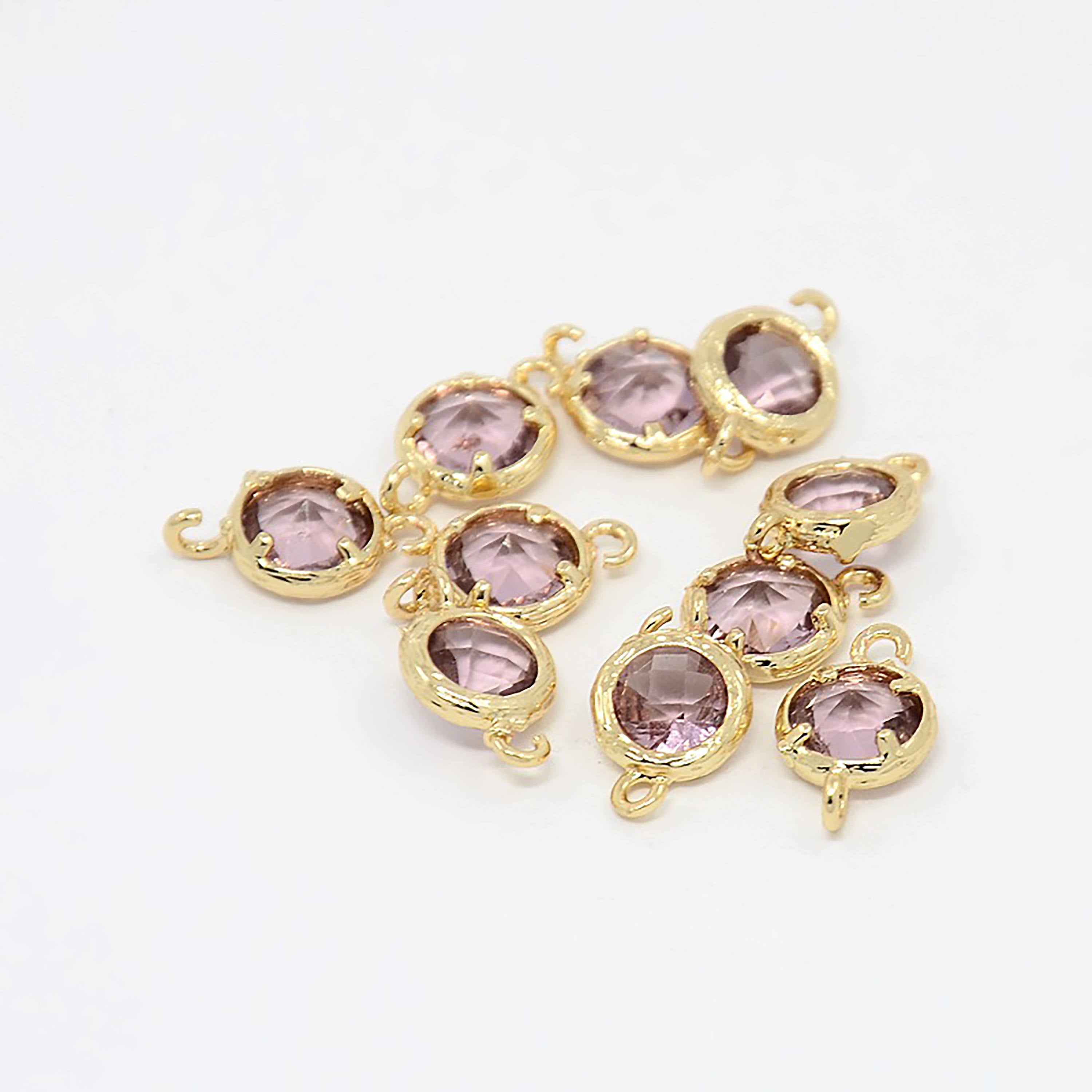 2pcs, 13x8x3.5mm Real Gold Plated Brass Glass Normal Links, 1/1loops, Faceted Flat Round, Plum