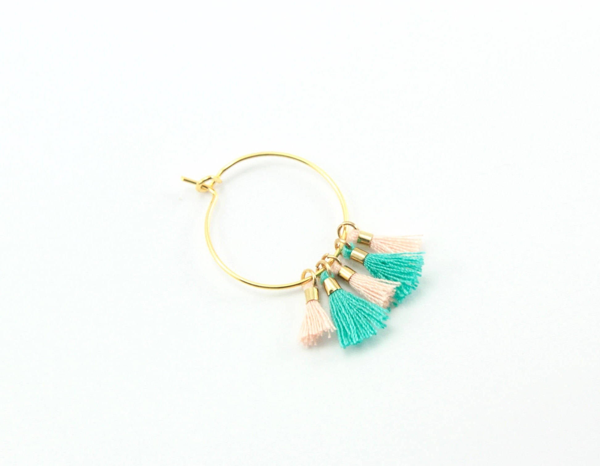 20pcs, 10~16x2mm, Cotton Tassel Pendant Decorations, With Unwelded Iron Jump Rings, Golden, Pale Turquoise