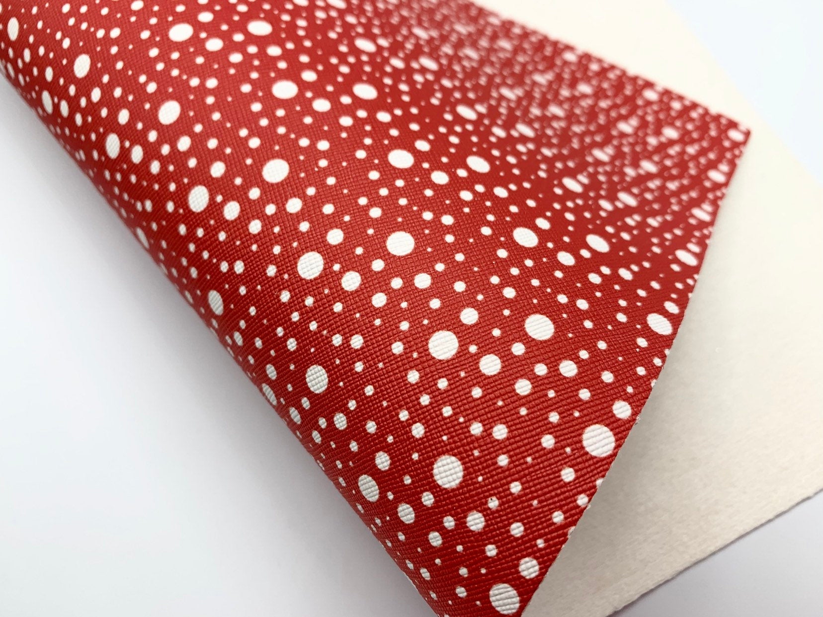1 sheet, 20x34cm, Synthetic / PU Leather for DIY earring pendants purse or bow in red and white polka dot print