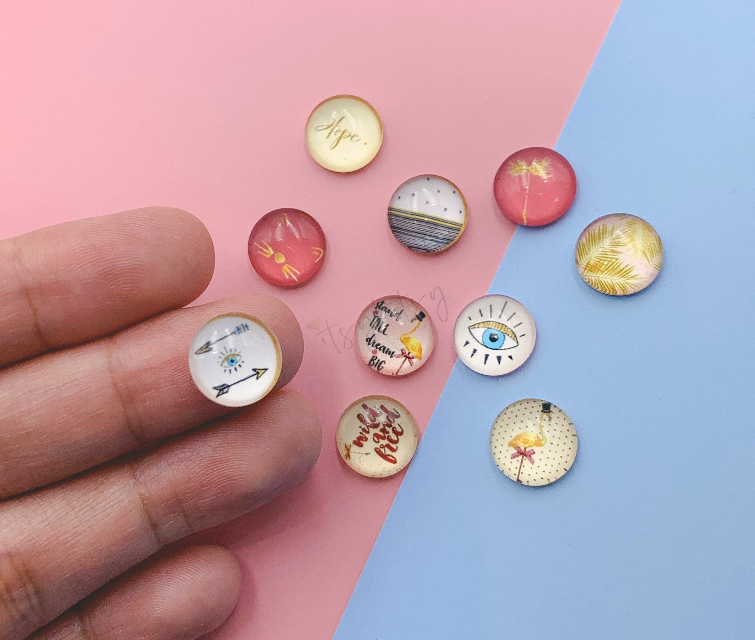 10pcs, 12mm Cabochons, in evil eye flamingo spring mix pastel prints