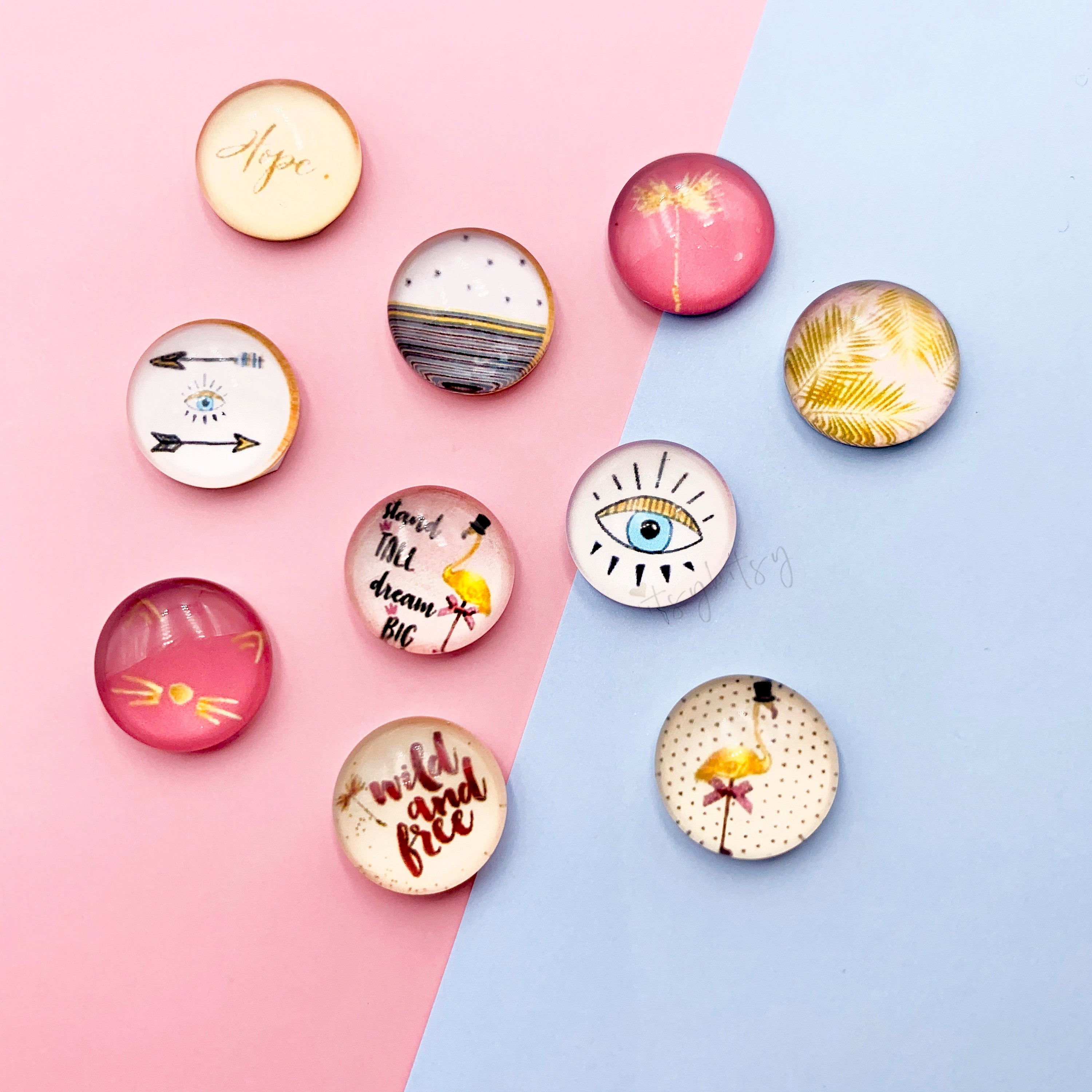 10pcs, 12mm Cabochons, in evil eye flamingo spring mix pastel prints