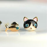 1 pair(2pcs), 17x13x11mm, Black Cat Animal Fish Blue Rhinestone Enamel Ear Post Stud Earrings Gold Plated