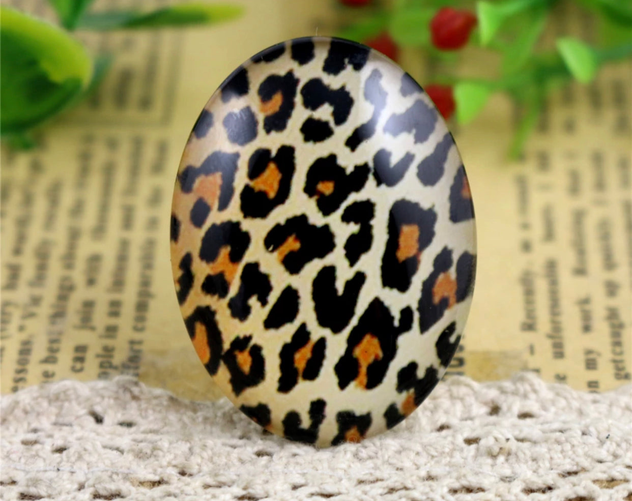 1pc, 30x40mm, Big Handmade Leopard Photo Glass Cabochons, Oval