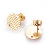2pcs, 12mm - 304 Stainless Steel Ear Stud Findings, with Ear Nuts/Earring Backs and Hole, Textured Flat Round with Cross Grain in Golden