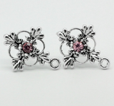 1 pair, Cross Flower Stud Earring Stud with Pink Rhinestone in Antique Silver Colour