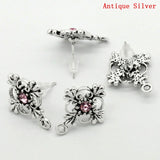 1 pair, Cross Flower Stud Earring Stud with Pink Rhinestone in Antique Silver Colour