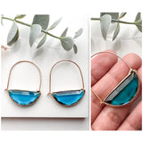 Half Moon Faceted Glass Hoop Earrings, Crescent Moon Earrings, Half Moon Hoops in Blue