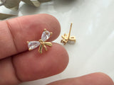 1 pair (2pcs) , Brass Micro Pave Clear Cubic Zirconia Stud Earring Findings, w/ 925 Sterling Silver Pin, Butterfly, Real 14K Gold Plated