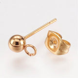 2pairs (4pcs) , 304 Stainless Steel Stud | Post Earring Findings, with Loop and Ear Nut/Earring Backs, Real 24K Gold Plated