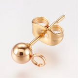 2pairs (4pcs) , 304 Stainless Steel Stud | Post Earring Findings, with Loop and Ear Nut/Earring Backs, Real 24K Gold Plated