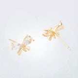 1 pair (2pcs) , Brass Micro Pave Clear Cubic Zirconia Stud Earring Findings, w/ 925 Sterling Silver Pin, Butterfly, Real 14K Gold Plated
