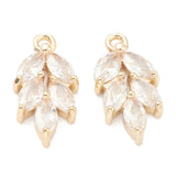 2 pc, Brass Clear Cubic Zirconia Pendants, Leaf, Real 14K Gold Plated