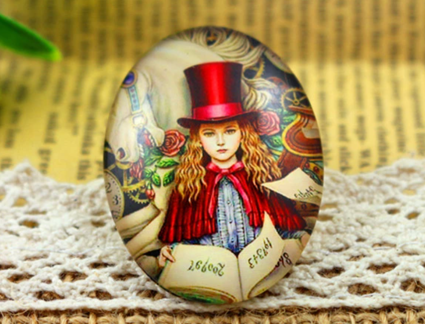 1pc, 30x40mm, Big Handmade Red Hat Photo Glass Cabochons, Oval