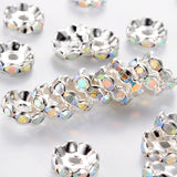 10pcs, 10mm, Grade A Silver Plated Flat Round Brass Acrylic Rhinestone Spacer Beads, Wavy Edge in Clear AB