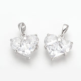 1pc, 14.5x14x5mm, Brass Cubic Zirconia Charms, Nickel Free, Real Platinum Plated, Heart