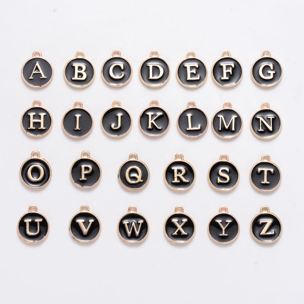 1pc, 12mm, Round Enamel Alphabet / Letter Pendant / Charm in Black