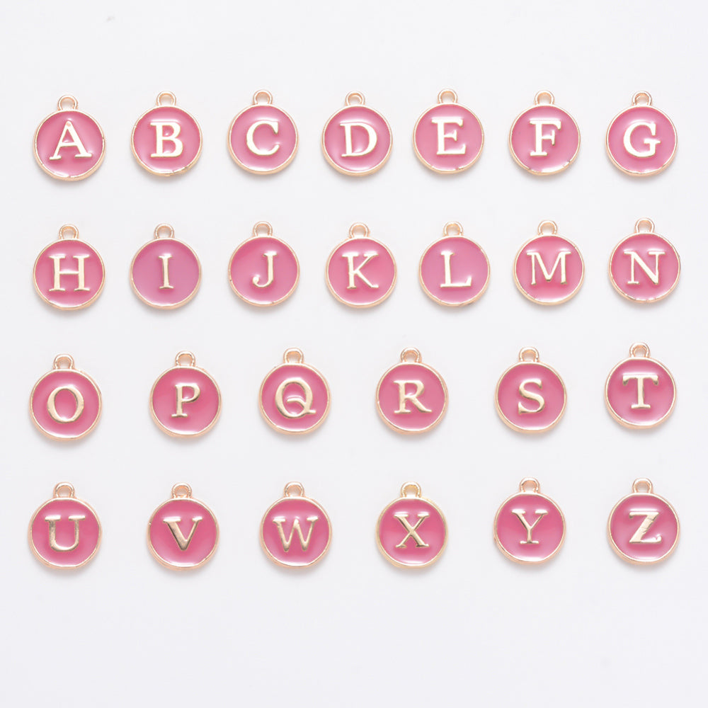 1pc , 12x15mm , Round Enamel Alphabet / Letter Pendant / Charm in Flamingo
