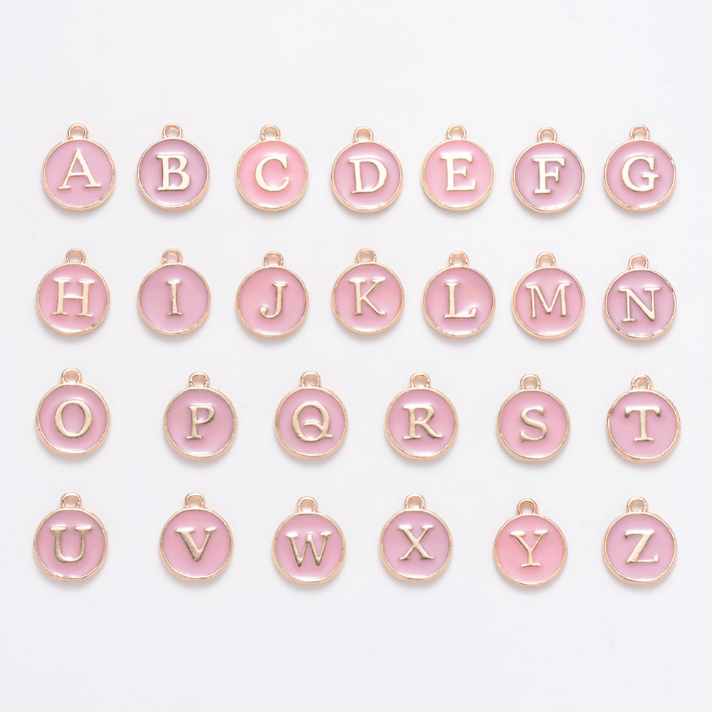 1pc , 12x15mm , Round Enamel Alphabet / Letter Pendant / Charm in Pink