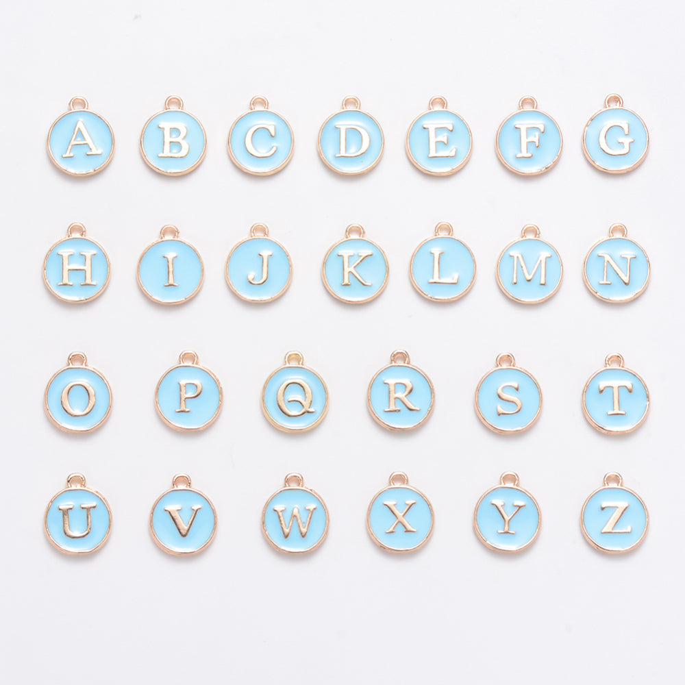 1pc , 12x15mm , Round Enamel Alphabet / Letter Pendant / Charm in Sky Blue