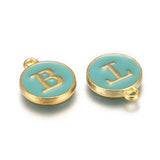 1pc , 12x15mm , Round Enamel Alphabet / Letter Pendant / Charm in Turquoise