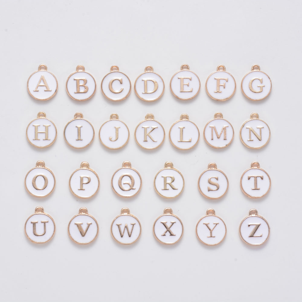 1pc , 12x15mm , Round Enamel Alphabet / Letter Pendant / Charm in White
