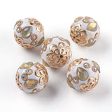 2pcs, 19x18mm, Round Handmade Indonesia Beads, with Metal Findings and Rhinestones, Light Gold Color Plated, Round, Light Gold