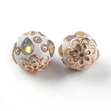 2pcs, 19x18mm, Round Handmade Indonesia Beads, with Metal Findings and Rhinestones, Light Gold Color Plated, Round, Light Gold