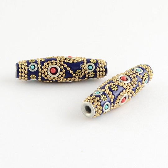1pc, 60x17mm, Rice Handmade Indonesia Beads, with Gold  Plated Alloy Cores, Midnight Blue