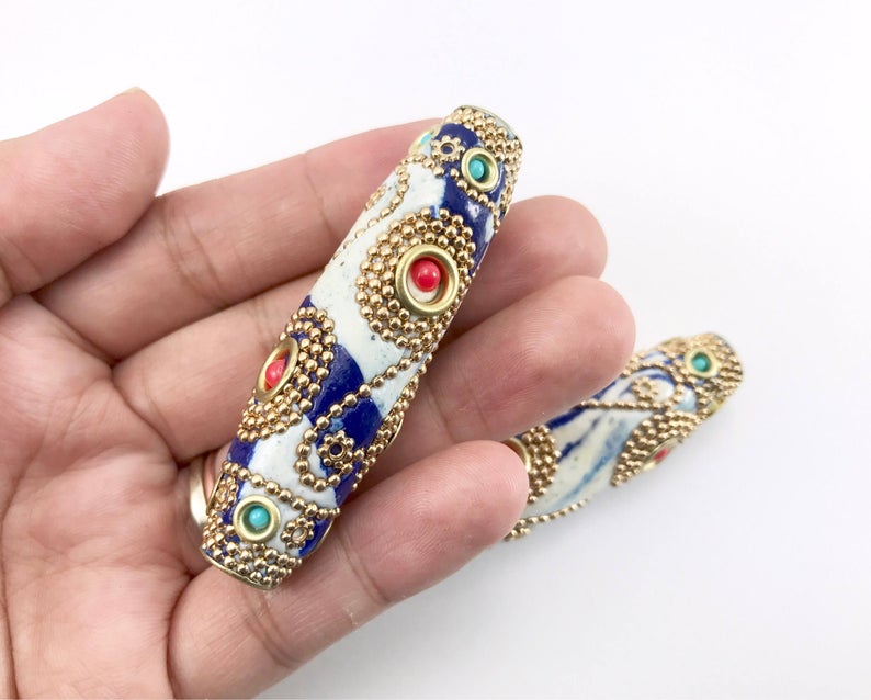 1pc, 59x16mm, Rice Handmade Indonesia Beads, With Golden Plated Alloy Cores, Floral White