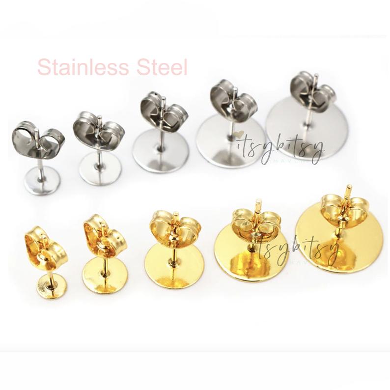50pcs (25pairs), 3/4/5/6/8/10/12mm, 316 Stainless Steel / Surgical Grade Steel Flat Round Blank Peg Ear Stud Components with ear backs, in Stainless Steel Colour