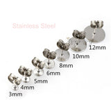 50pcs (25pairs), 3/4/5/6/8/10/12mm, 316 Stainless Steel / Surgical Grade Steel Flat Round Blank Peg Ear Stud Components with ear backs, in Stainless Steel Colour