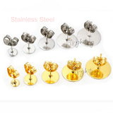 20pcs (10pairs), 3/4/5/6/8/10mm, 316 Stainless Steel / Surgical Grade Steel Flat Round Blank Peg Ear Stud Components with ear backs, in Gold