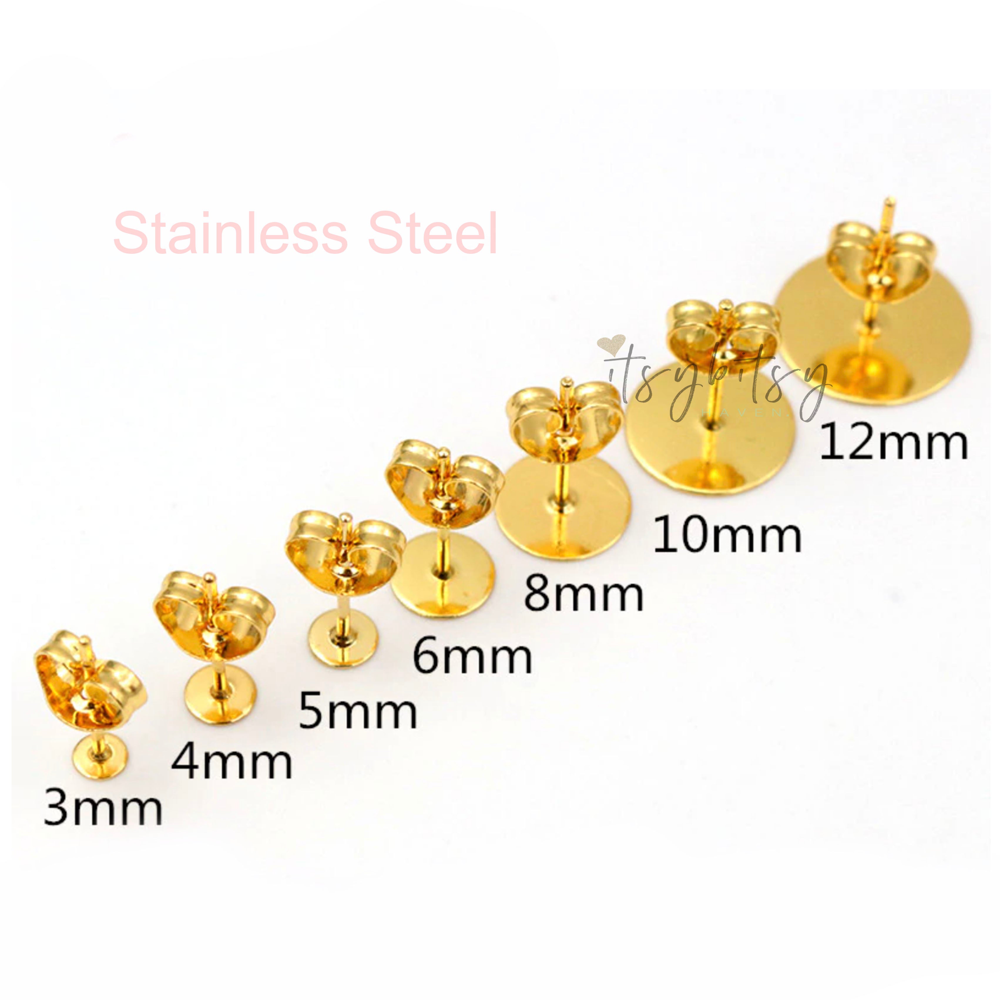 20pcs (10pairs), 3/4/5/6/8/10mm, 316 Stainless Steel / Surgical Grade Steel Flat Round Blank Peg Ear Stud Components with ear backs, in Gold