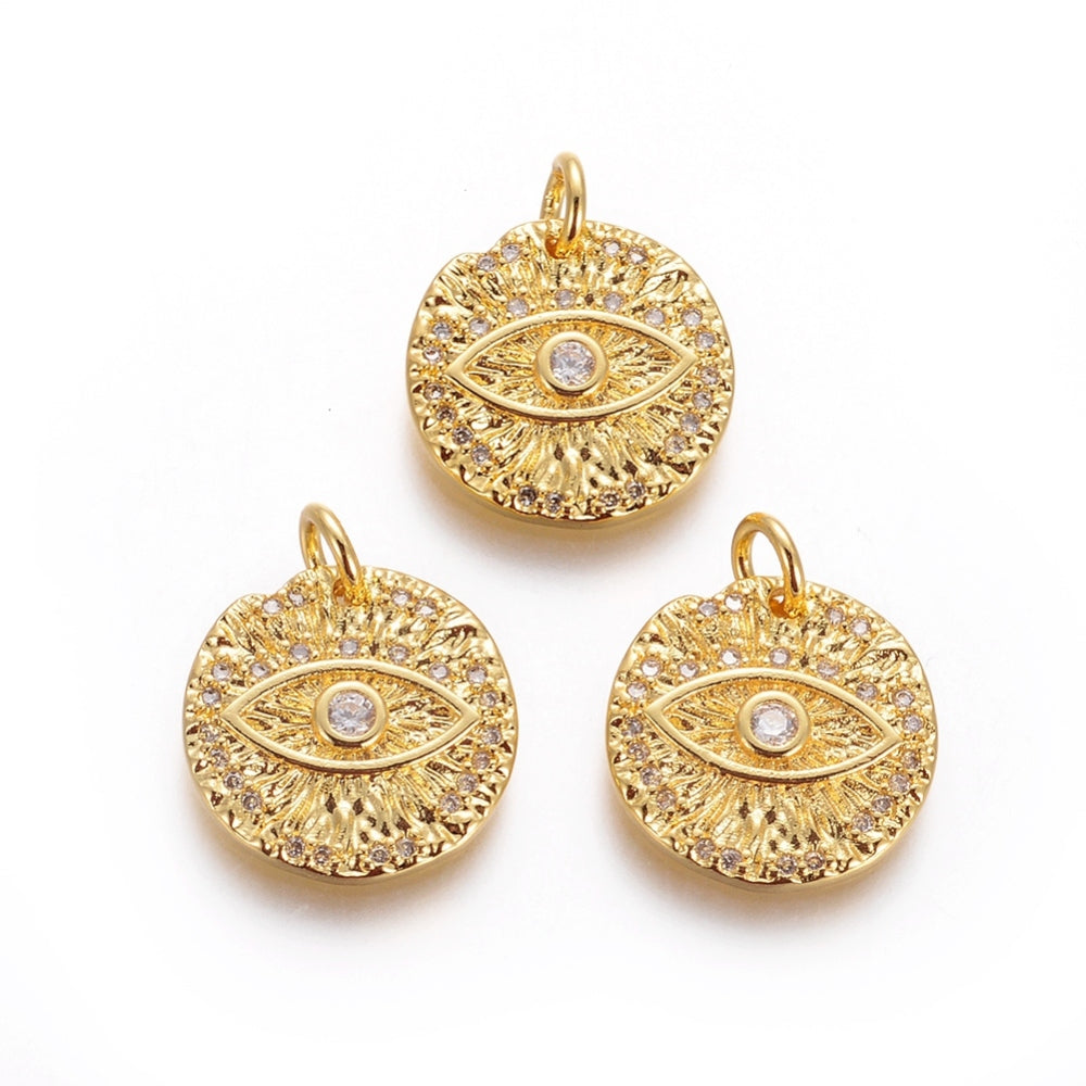 1pc, 14.5x2mm, Brass Evil Eye Charm, with Micro Pave Cubic Zirconia and Jump Rings