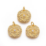1pc, 14.5x2mm, Brass Evil Eye Charm, with Micro Pave Cubic Zirconia and Jump Rings