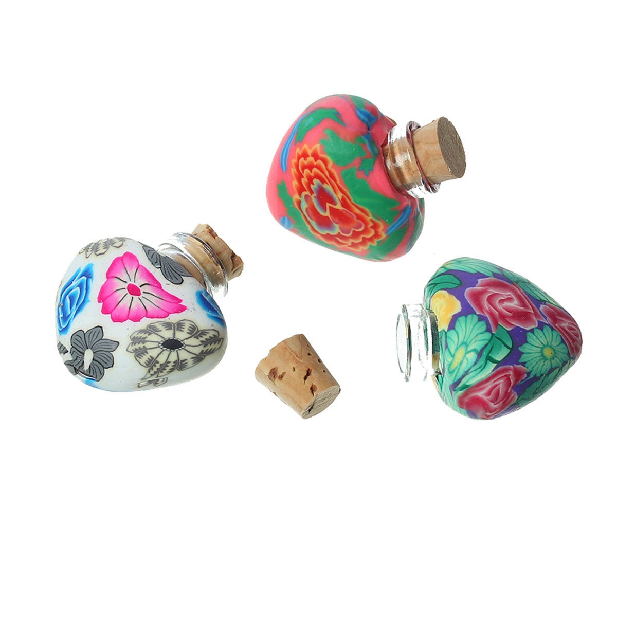CLEARANCE!!! - 3pcs Heart shaped Polymer Clay & Glass Bottles Jewelry Vials Cork Stoppers At Random Flower