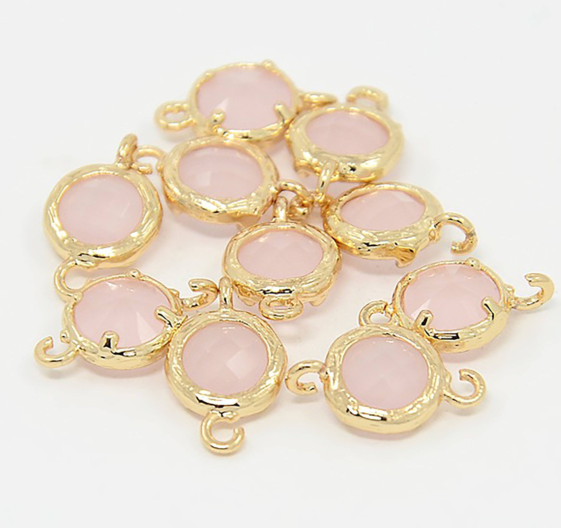 2pcs, 13x8x3.5mm Real Gold Plated Brass Glass Normal Links, 1/1Loops, Faceted Flat Round, Lavender Blush