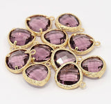 2pcs, 16x13x6mm Real Gold Plated Brass Glass Pendants, Faceted Triangle Charms, Plum