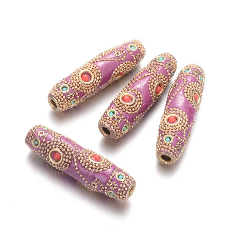 1pc, 60x17mm, Rice Handmade Indonesia Beads, with Golden Plated Alloy Cores, Pearl Pink
