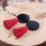 1 pair, 67x 27mm, Velvet Faux Suede Red Tassel Earrings Hook Round Silver Plated Black