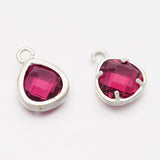 2pcs, 11x8.5x4mm Silver Plated Brass Glass Pendants, Faceted Triangle Charms, Cerise