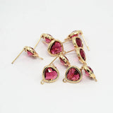 1 pair, 13x11x4.5mm, Golden Tone Brass Glass Earstud Components, Faceted Triangle, Cerise