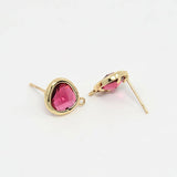 1 pair, 13x11x4.5mm, Golden Tone Brass Glass Earstud Components, Faceted Triangle, Cerise