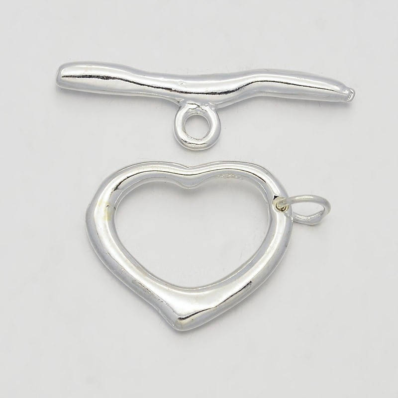 2sets, 16x19x2mm, Big Brass Heart Fashionable Toggle & T-bar Clasps In Silver