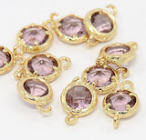 2pcs, 13x8x3.5mm Real Gold Plated Brass Glass Normal Links, 1/1loops, Faceted Flat Round, Plum