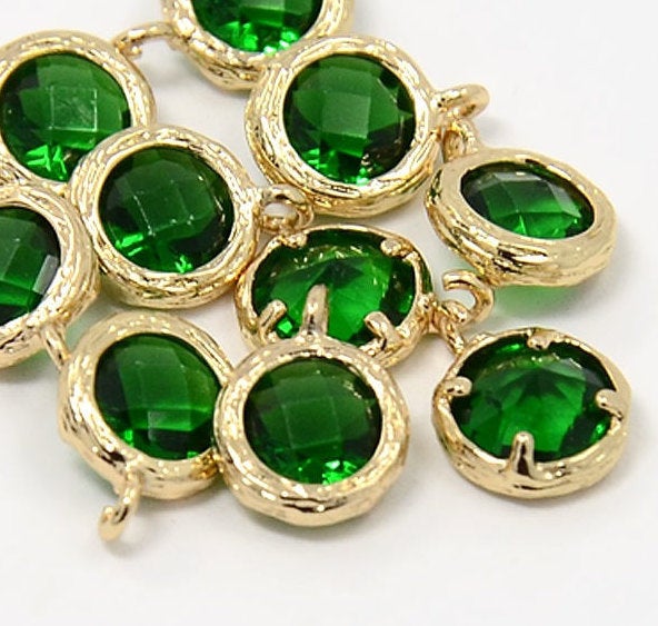 2pcs, 10x7.5x4mm Real Gold Plated Brass Glass Pendants, Faceted Flat Round Charms, Green