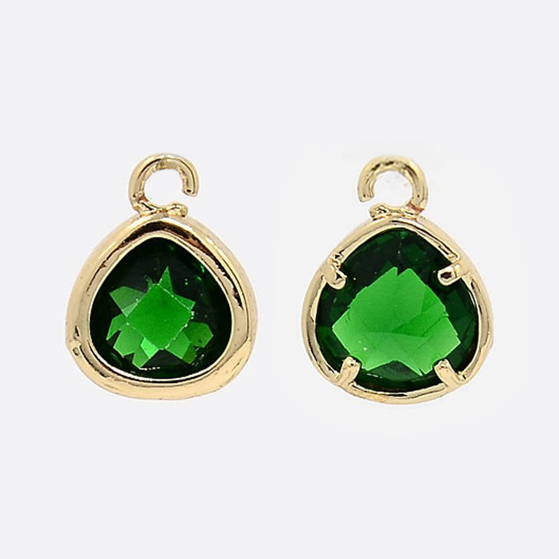 2pcs, 11x8.5x4mm Real Gold Plated Brass Glass Pendants, Faceted Triangle Charms, Green